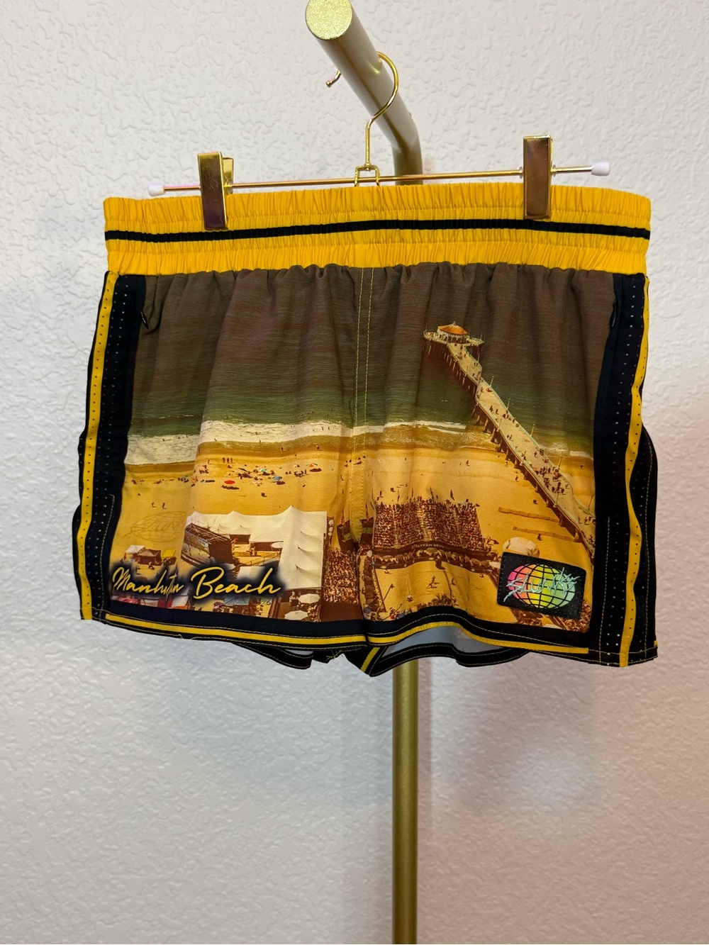 Slunks Women’s Athletic Beach Print Shorts in Yellow and Black (B4)